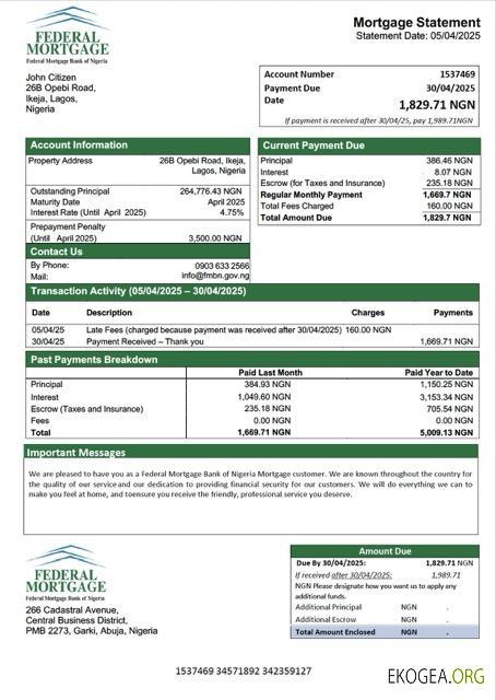 Modèle Word et PDF de relevé hypothécaire de la Nigeria Federal Mortgage Bank of Nigeria